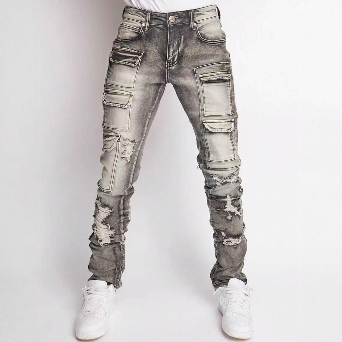 "Men's Streetwear Denim Pants – Stretch Washed Straight-Leg Jeans (S-XXL, Distressed Gray)"_mkmklike.com
