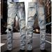 Unisex Y2K Flared Jeans, Light Blue Mud Fade, Black & White Splatter, One Ripped Knee, Breathable Summer_mkmklike.com