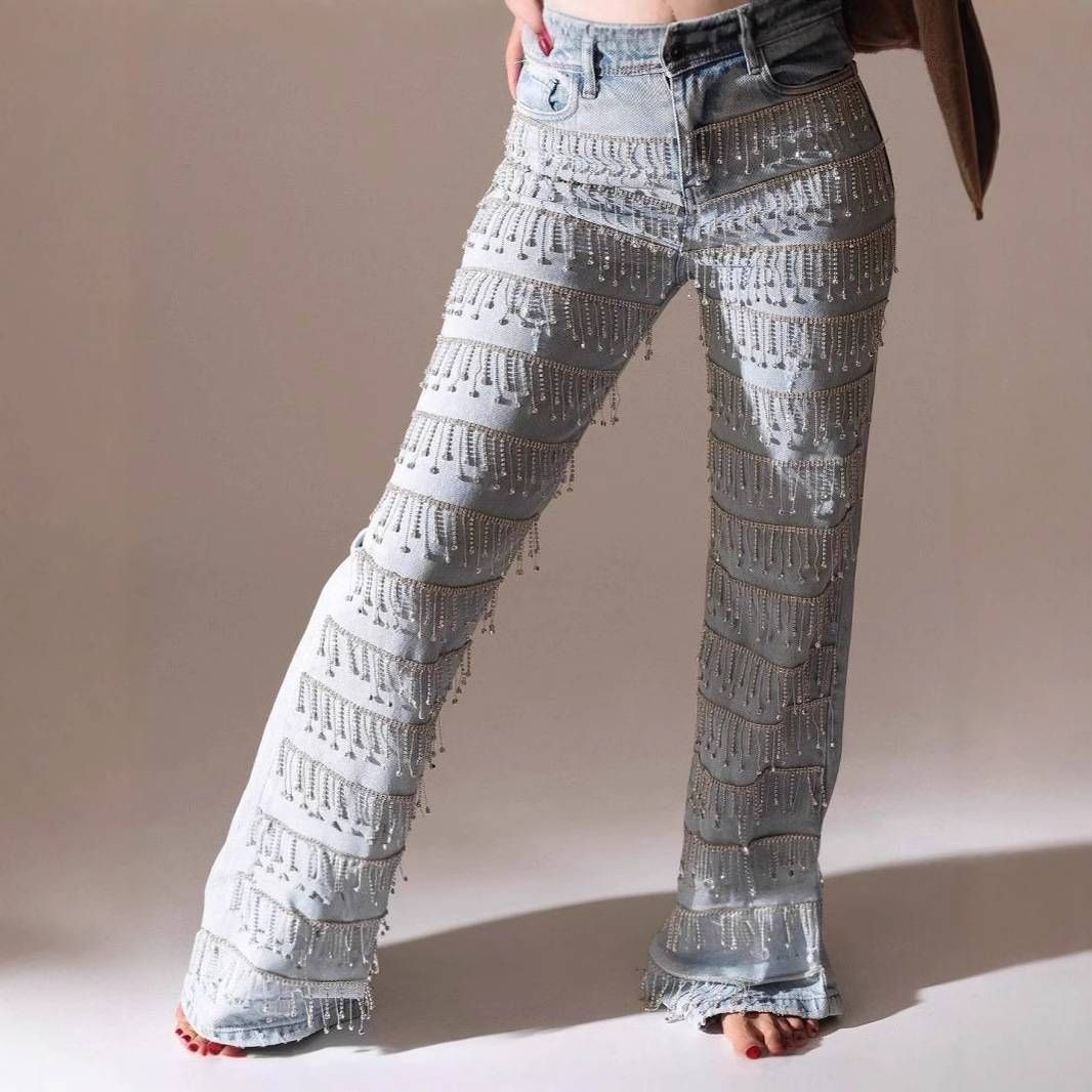 Women's Clothing Fashion Diamond Tassel Design Straight Jeans_mkmklike.com