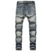 Trendy Long Pants With Creased And Torn Holes, Elastic Small Straight Tube Mid Waist Men's Motorcycle Jeans_mkmklike.com