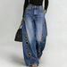 Women's Loose Fit Denim Jeans With Metal Grommet Details - Vintage Washed Blue & Black High-Rise Wide Leg Trousers For Casual Style_mkmklike.com