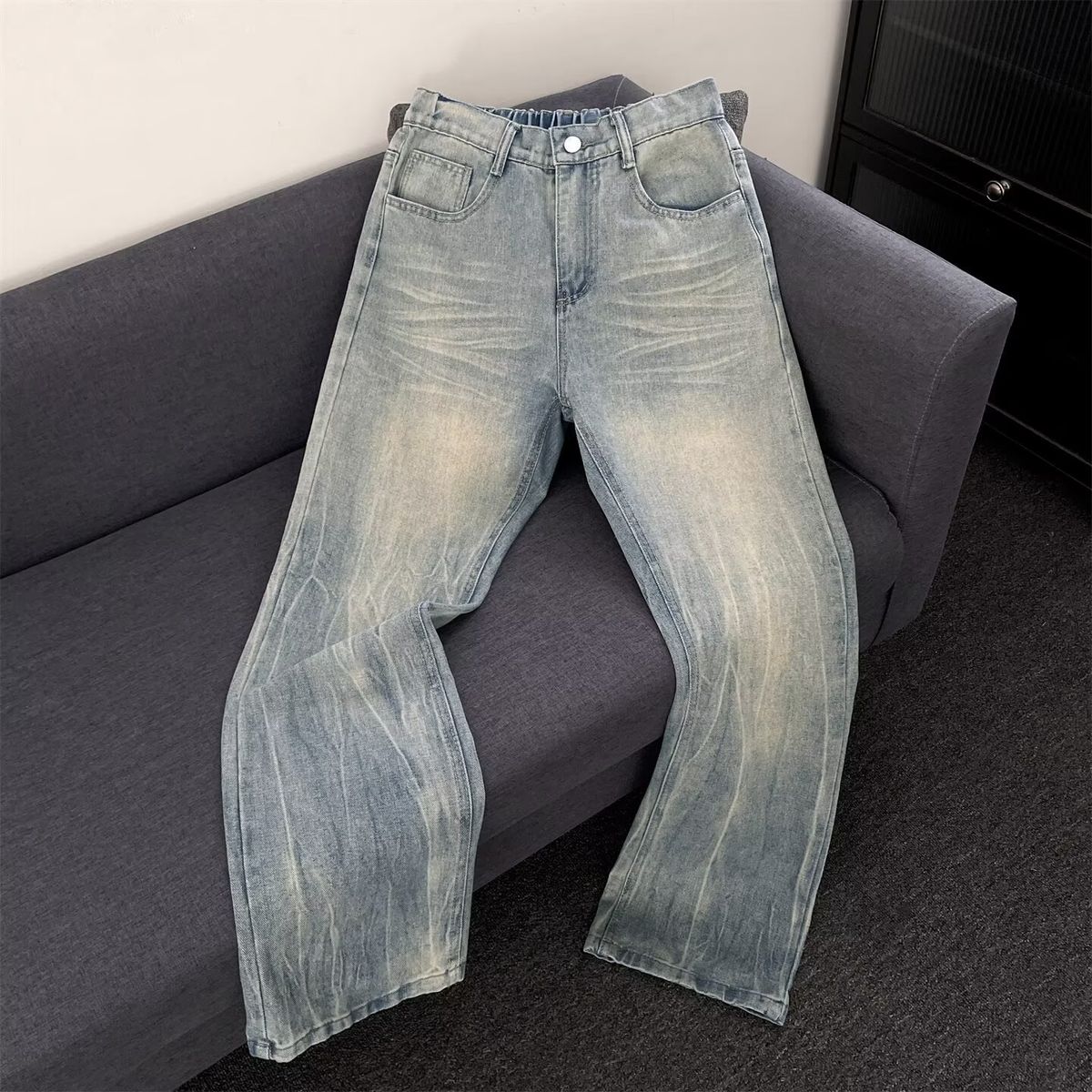 Vintage Washed Blue Wide-Leg Jeans – Unisex High Waist Straight Fit (S-3XL, Light Blue)_mkmklike.com