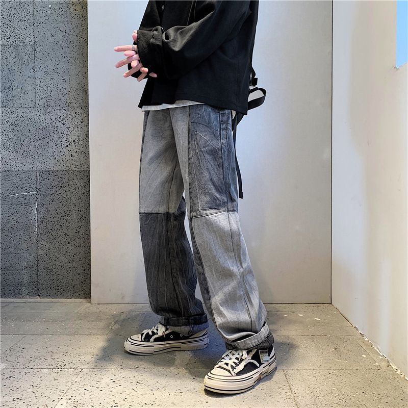 Men's Streetwear Patchwork Jeans – Loose Fit Straight-Leg Drop-Crotch Pants (Black/Blue, S-3xl) Relaxed Fit With Drop Crotch_mkmklike.com