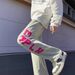 Washed Yellow Mud Embroidered Jeans American Hip-Hop Men's Trendy Brand Micro Flared Loose Straight Leg Pants_mkmklike.com