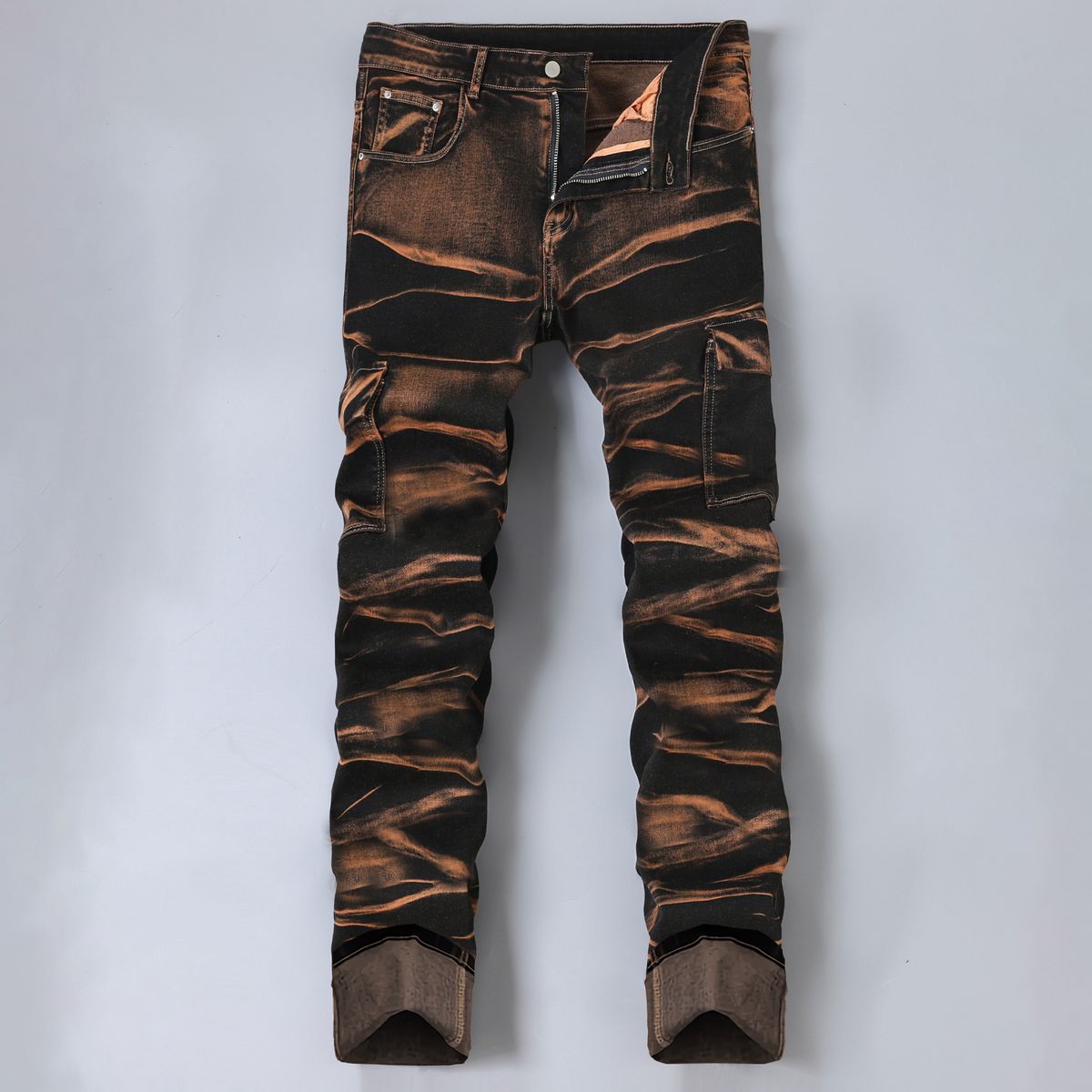 Men's Irregular Jeans Street Trendy Slim Fit Elastic Pants Multi Craft Heavy Industry Nostalgic Tie Hua Washed Men's Pants_mkmklike.com