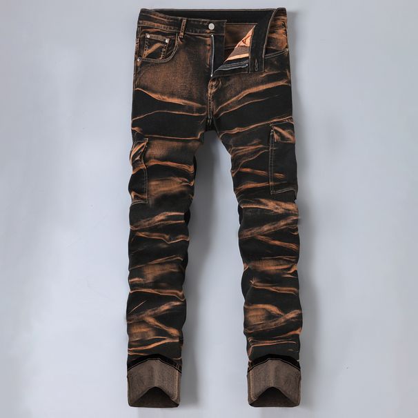 Men's Irregular Jeans Street Trendy Slim Fit Elastic Pants Multi Craft Heavy Industry Nostalgic Tie Hua Washed Men's Pants_mkmklike.com