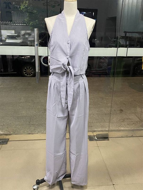 Women's clothing fashion temperament sleeveless hollow shirt high waist wide leg pants two-piece suit_mkmklike.com
