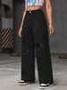 Women's High-Waisted Straight-Leg Jeans – Distressed Washed Denim With Relaxed Fit (Black)_mkmklike.com