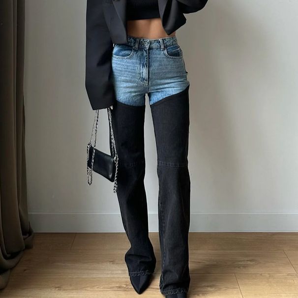 High-Waisted Straight-Leg Jeans – Contrast Panels & Slim Fit_mkmklike.com