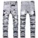 Men's Clothing Gray Distressed Embroidered Jeans, Trendy Stretch Slim Fit, American High Street Style Trousers_mkmklike.com