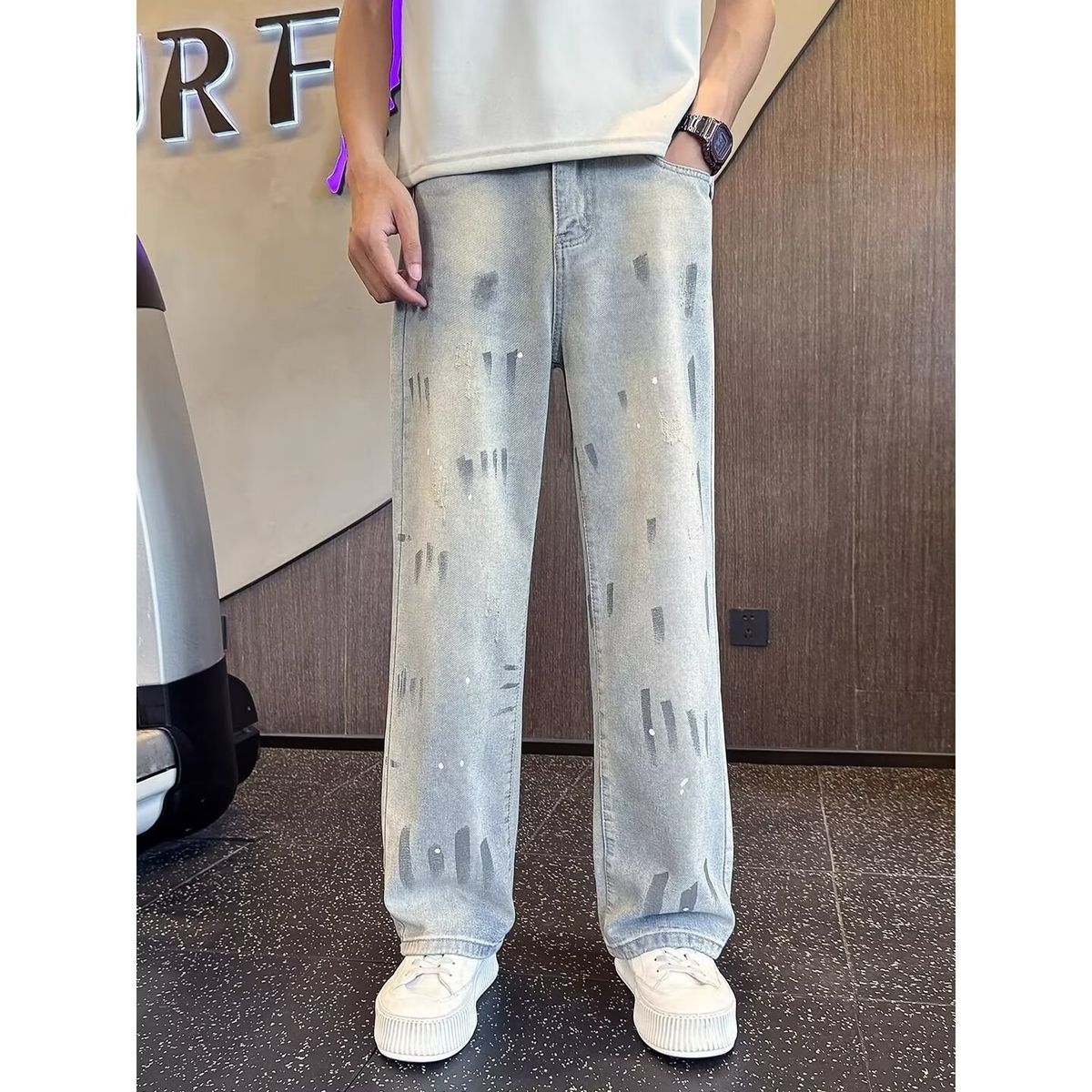 Men's Clothing Men's Washed Distressed Retro Style Jeans American High Street Edgy Design Splatter Paint Effect Loose Straight Leg Floor Length_mkmklike.com