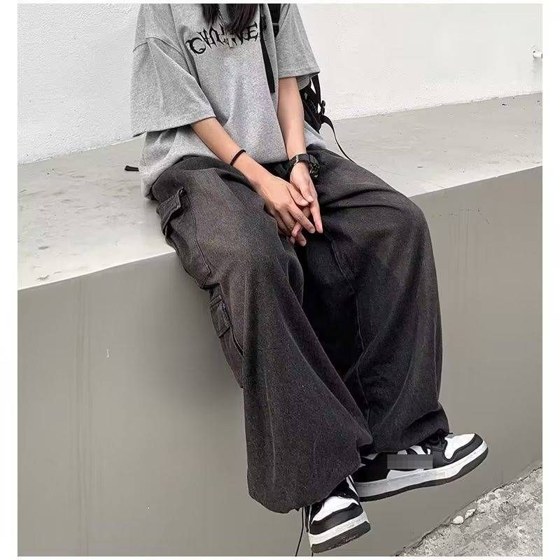 Trendy Men's Straight Leg Jeans Mid Rise Slightly Stretchy Washed Zippers Loose Fitting Stylish Youthful Trousers_mkmklike.com