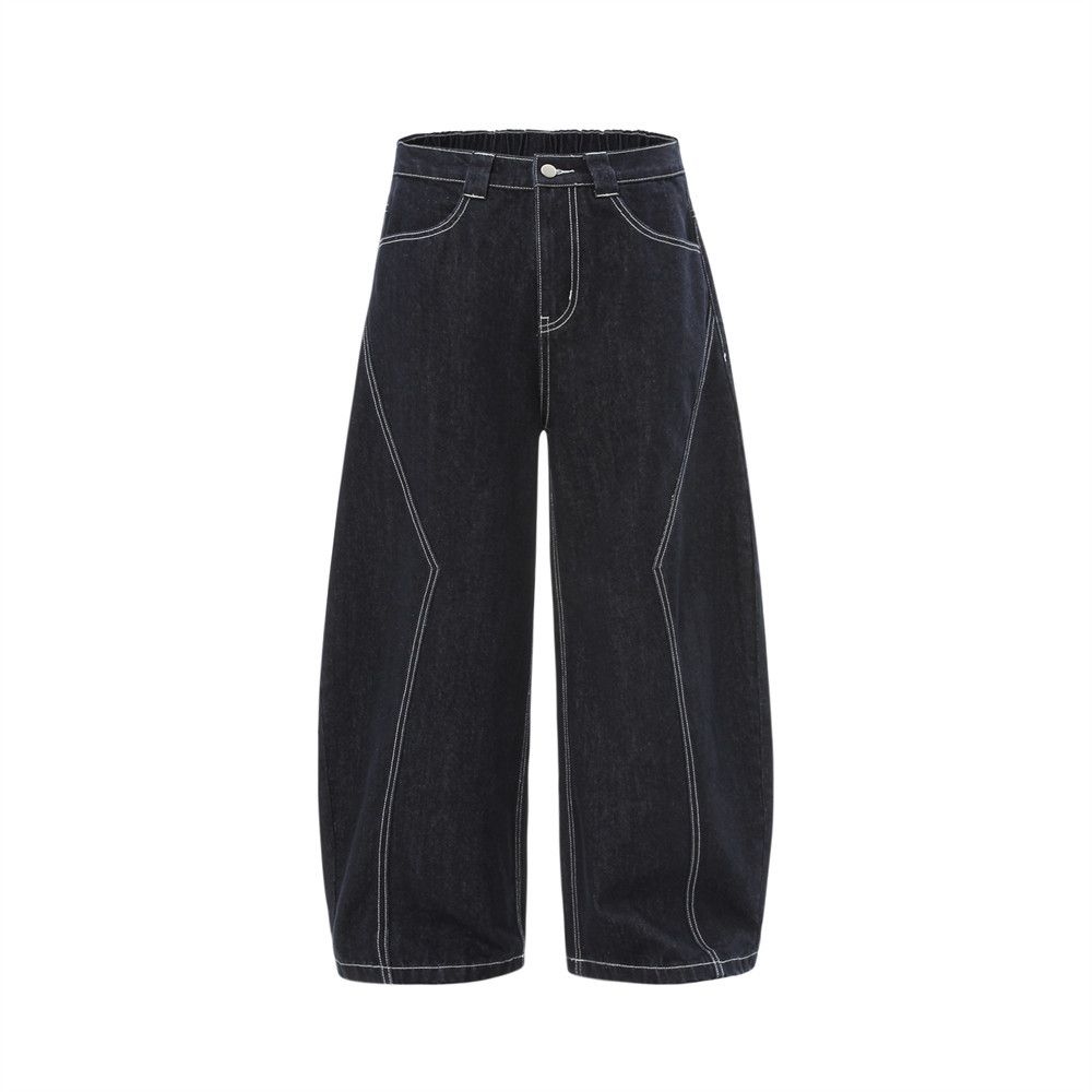 Original Color Denim Scimitar Loose Wide-Leg Men's Trendy Brand Deconstructed Patchwork Design Sense Topstitch_mkmklike.com