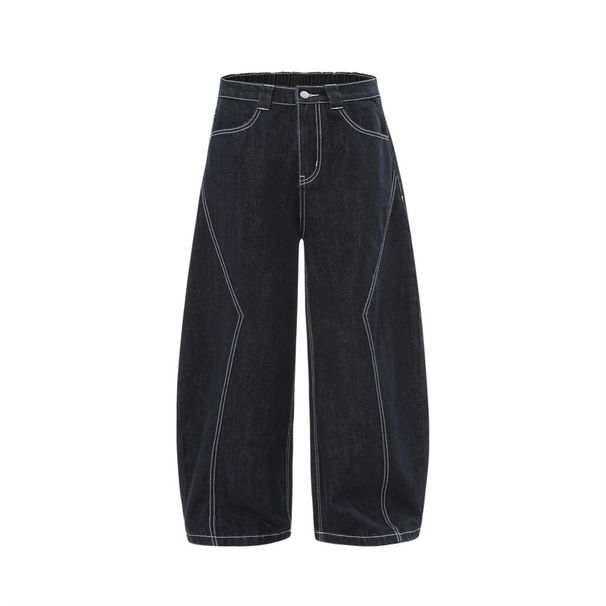 Original Color Denim Scimitar Loose Wide-Leg Men's Trendy Brand Deconstructed Patchwork Design Sense Topstitch_mkmklike.com