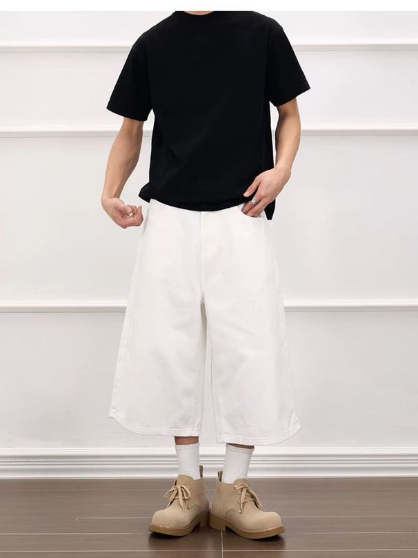 "Summer New White Cropped Wide Leg Denim Pants For Men - Premium Relaxed Straight Cut Mid-Length Shorts With Minimalist Style"_mkmklike.com
