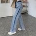 Women's Clothing Contrast Color Slightly Wide Leg Jeans Spring New Narrow Version High Waist Color Matching Drape Loose Straight Simple Mopping Pants_mkmklike.com