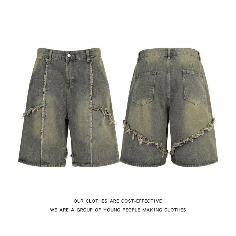 Men's Clothing Men's Distressed Denim Shorts High Street Style Summer Youth Loose Straight Leg Five Point Pants Edgy_mkmklike.com