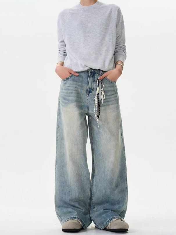 Unisex Vintage Washed Distressed Jeans – Cleanfit Slimming Wide Leg, Retro Straight Cut For Men & Women_mkmklike.com