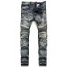 Trendy Long Pants With Creased And Torn Holes, Elastic Small Straight Tube Mid Waist Men's Motorcycle Jeans_mkmklike.com