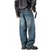 Retro High-Waisted Wide Leg Jeans For Men Blue Washed Distressed Loose Straight Leg High Street Trendy_mkmklike.com