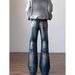 Men's American Retro Blue Washed Denim Jeans Straight Leg High Street Style Mid Waist Long Cotton Non-Stretch_mkmklike.com