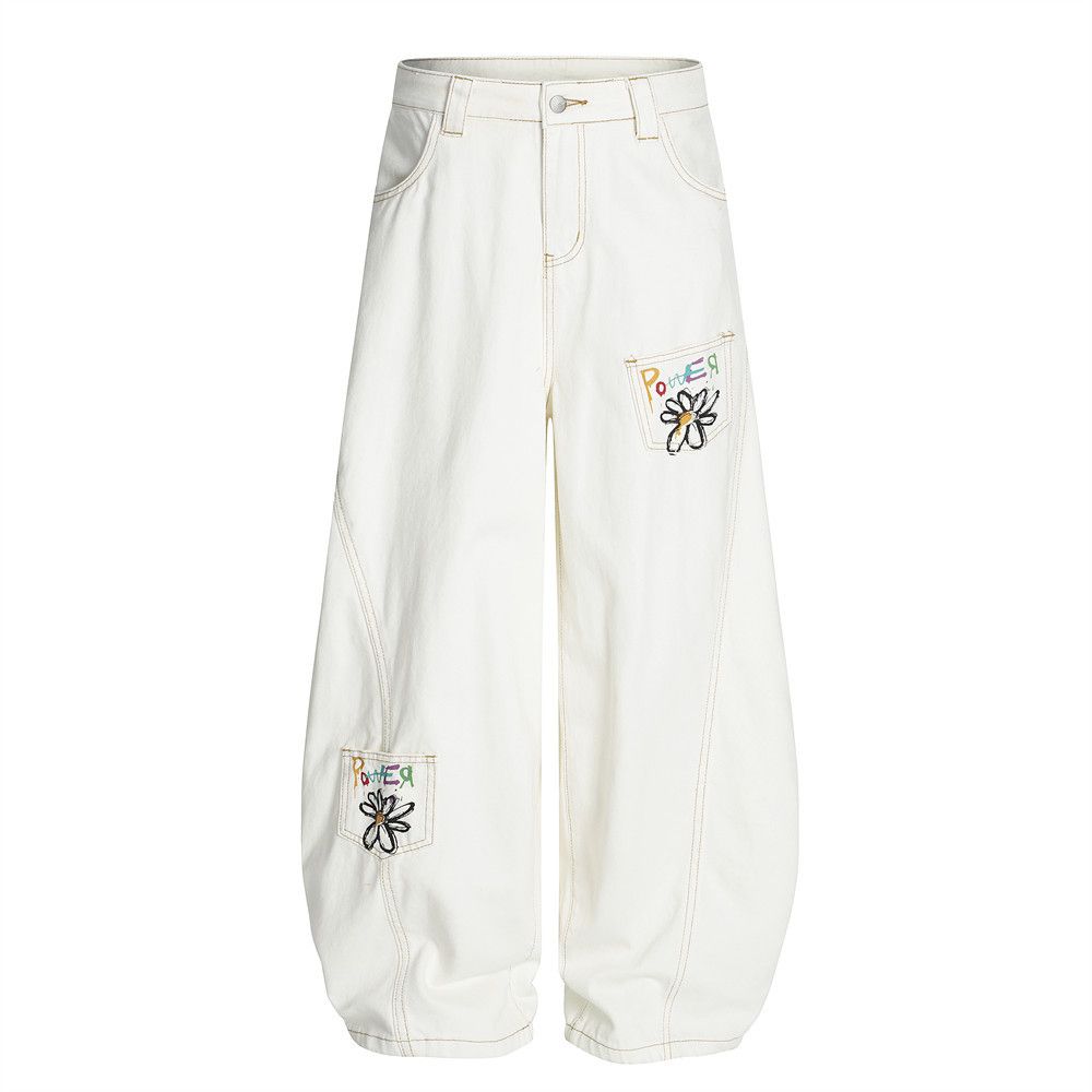 Painted Flower Print Scimitar Jeans Men's Loose Curved Wide Leg American High Street Ins Versatile Long Pants_mkmklike.com
