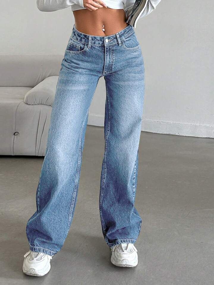 Women's High-Waisted Slimming Straight Leg Jeans Floor-Length Trousers Regular Fit Solid Color Fashion_mkmklike.com