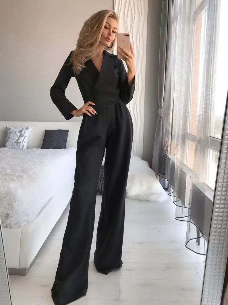 Women's long skirt jumpsuit slanted placket mid-waist temperament commuting jumpsuit_mkmklike.com