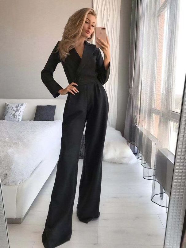 Women's long skirt jumpsuit slanted placket mid-waist temperament commuting jumpsuit_mkmklike.com