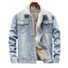 Men's Winter Fleece Lined Denim Jacket - Loose Fit Workwear Coat With Multiple Pockets, Thick Warm Casual Streetwear (Dark Blue/Light Blue)_mkmklike.com