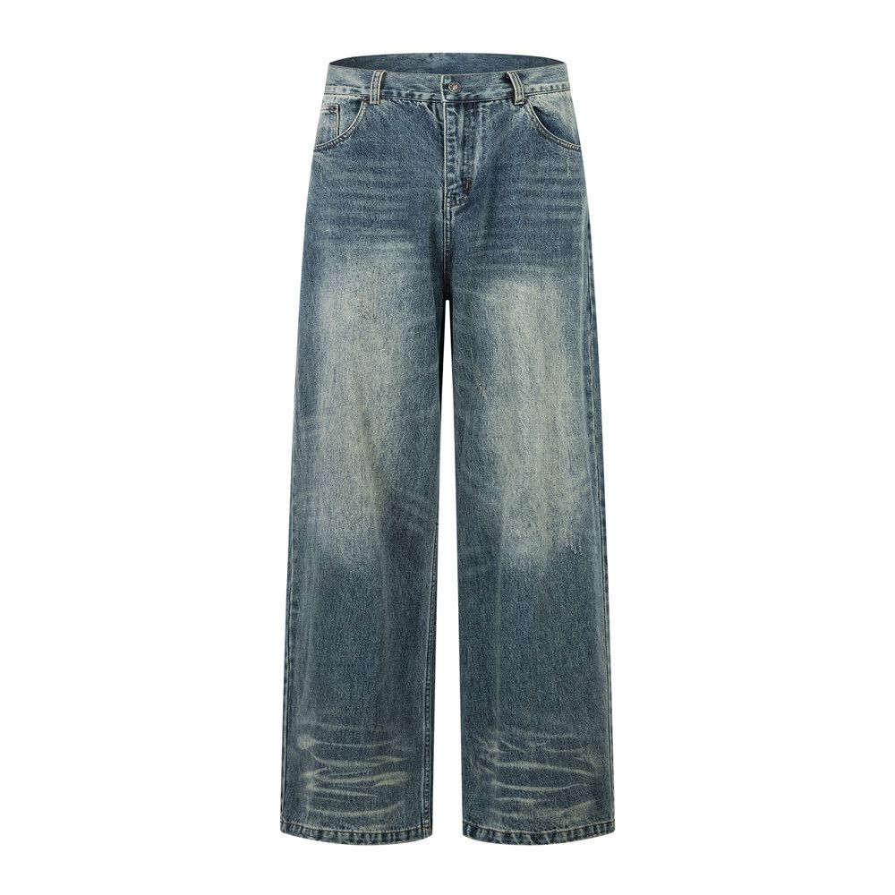 Washed Distressed White Jeans Street Style American Punk Vintage Loose Wide-Leg Straight Long Men's Floor-Length Pants_mkmklike.com
