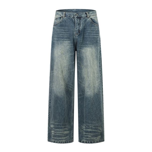 Washed Distressed White Jeans Street Style American Punk Vintage Loose Wide-Leg Straight Long Men's Floor-Length Pants_mkmklike.com