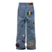 Suitable For All Seasons American Style Men's Jeans Washed Multi-Pocket Butterfly Lightning Letter Embroidery Wide-Leg Loose Long Pants_mkmklike.com