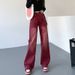 American Retro Red Jeans, Straight Loose Fit, Trendy Design, High-waisted, Slimming, Wide-leg Long Pants For Women_mkmklike.com