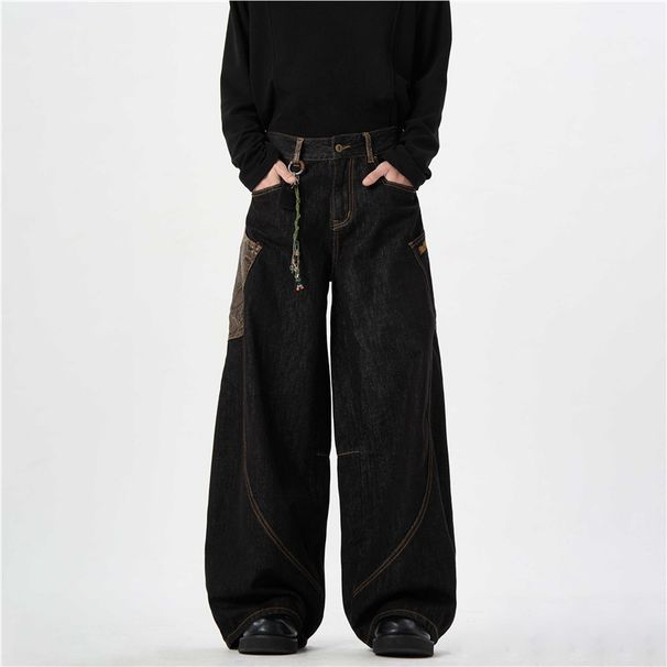 Men's Clothing American Retro Silhouette Black Scimitar Jeans Men Snakeskin Patchwork Pockets Loose Wide Leg Jeans_mkmklike.com