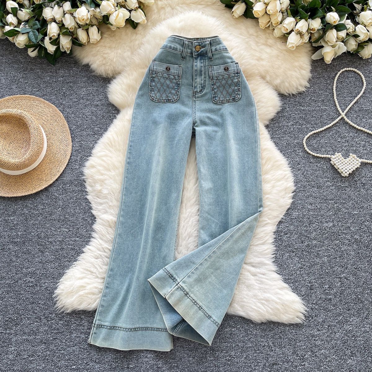 Vintage American High-Waisted Straight Leg Jeans – Embroidered Pockets & Distressed Denim | Relaxed Fit For Women (Dark Blue, Light Blue)_mkmklike.com