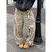 Voguo Relay Women’s Khaki Jeans – American Letter Print Wide-Leg Straight Pants With Retro Design & High Waist_mkmklike.com