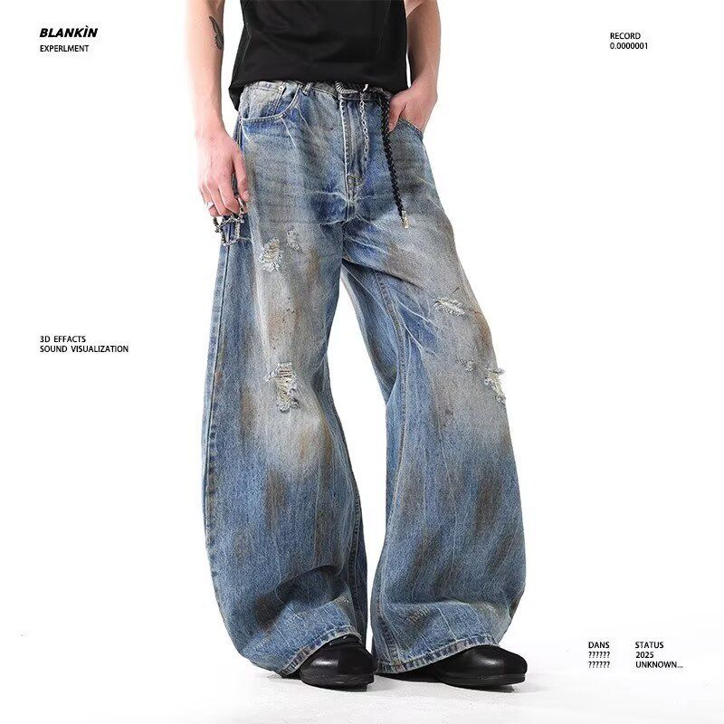 Retro American Street Style Men's Distressed Ripped Curved Blade Jeans High Waist Loose Fit Cleanfit Trousers_mkmklike.com