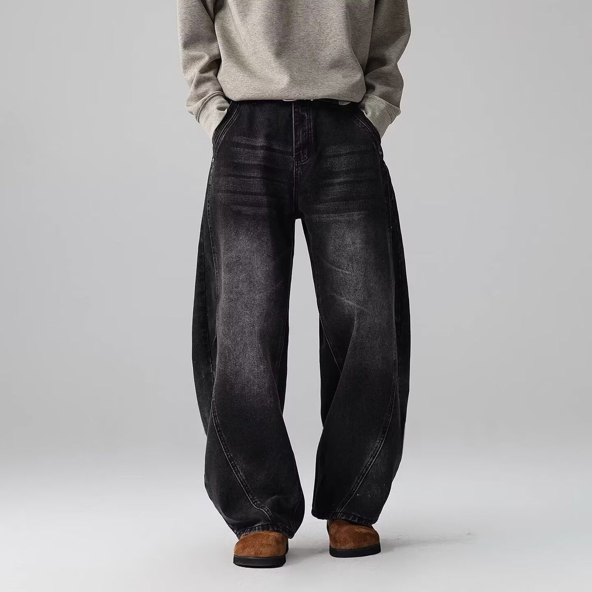 Men's Trendy Versatile Casual Washed Distressed Black Jeans High Street Style Loose Straight Leg Wide Leg Pants_mkmklike.com