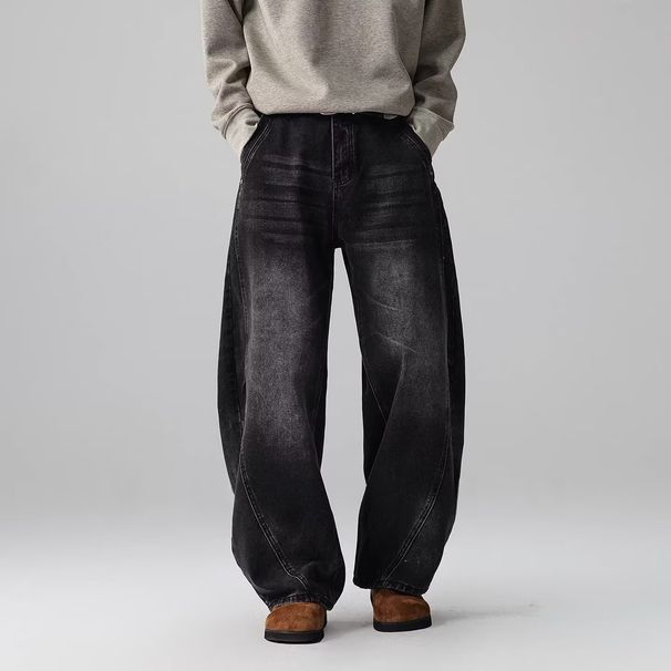 Men's Trendy Versatile Casual Washed Distressed Black Jeans High Street Style Loose Straight Leg Wide Leg Pants_mkmklike.com