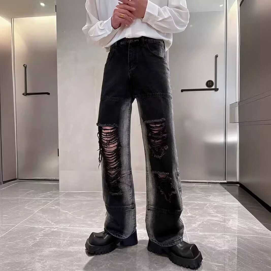 Men's Retro High Street Ripped Jeans Summer Thin Style Trendy Hip Hop Loose Straight Leg Casual Trousers_mkmklike.com