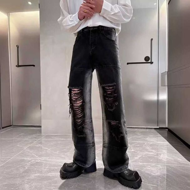 Men's Retro High Street Ripped Jeans Summer Thin Style Trendy Hip Hop Loose Straight Leg Casual Trousers_mkmklike.com