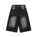 Unisex Vintage Washed Denim Shorts With Lightning Bolt Design American High Street Style Loose Fit Straight Leg Summer Shorts_mkmklike.com