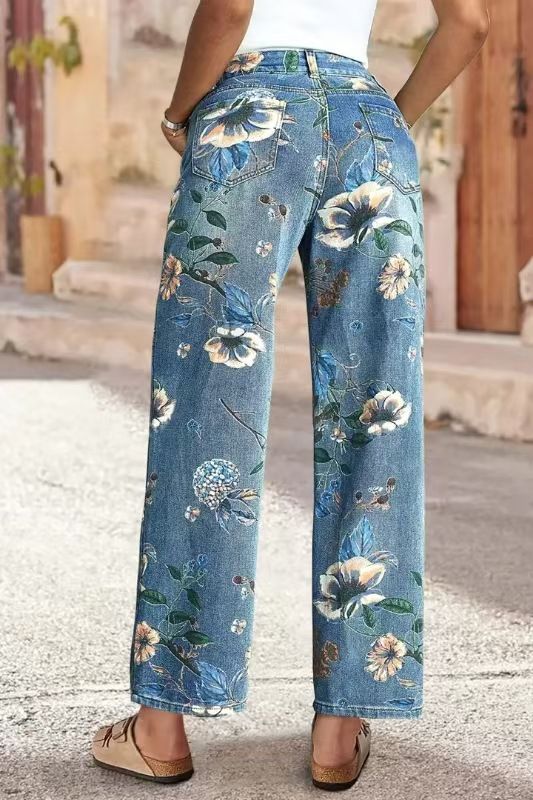 Women's Printed Straight Leg Jeans - Flowy Bootcut Denim Pants For Spring/Autumn (S-2XL, Light Blue/Dark Blue, Cotton Blend, Mid-Rise)_mkmklike.com
