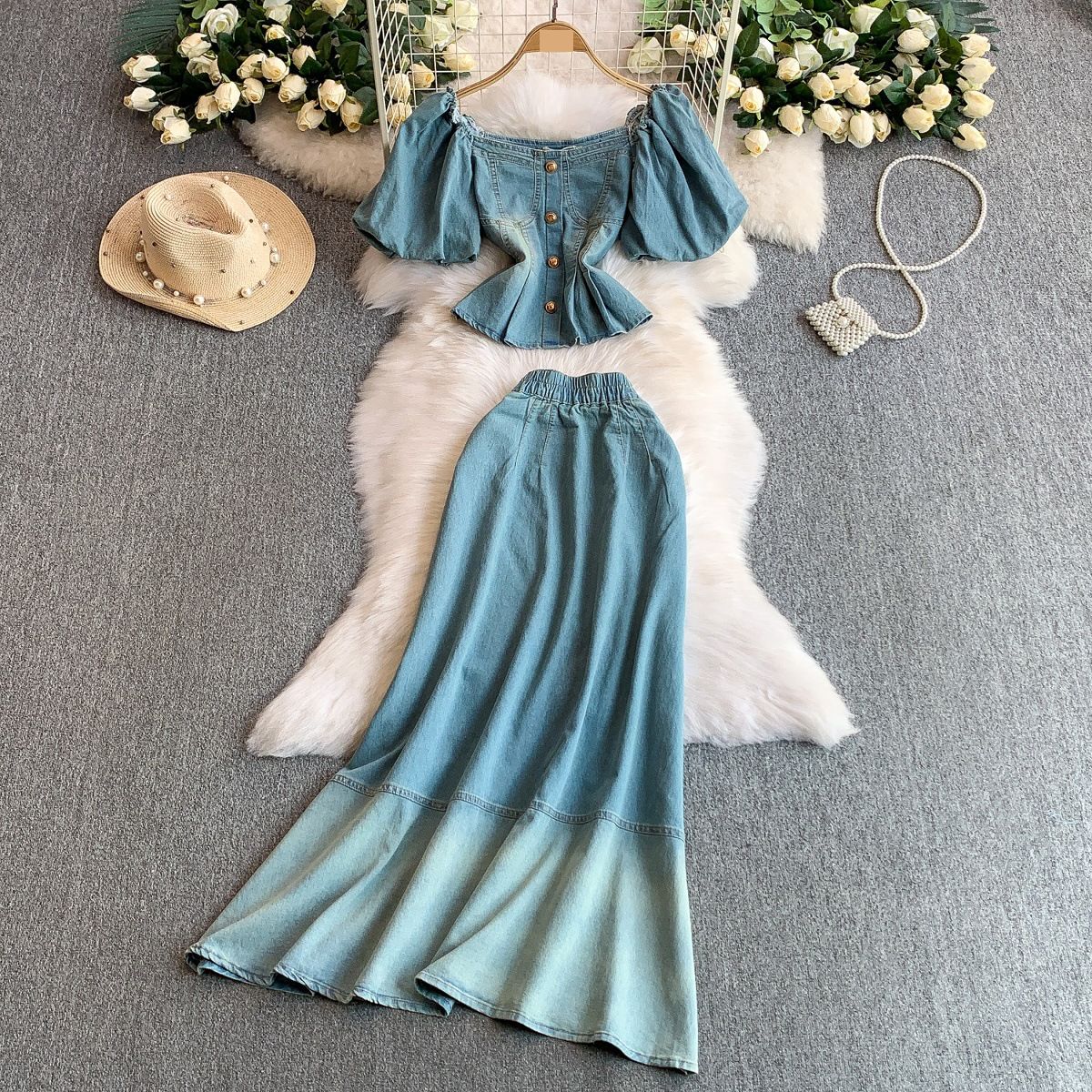 Women's Clothing Elegant Two-Piece Denim Set - Square Neckline With Puff Sleeves & High-Waisted Ombre Skirt (Light Blue, S/M/L/XL)_mkmklike.com