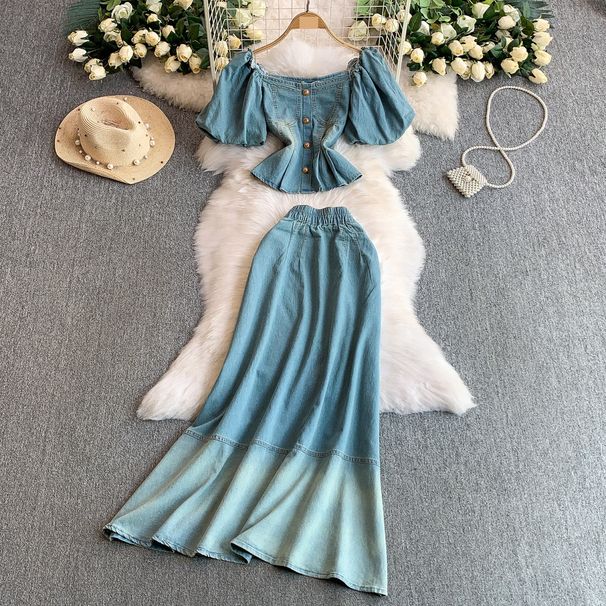 Women's Clothing Elegant Two-Piece Denim Set - Square Neckline With Puff Sleeves & High-Waisted Ombre Skirt (Light Blue, S/M/L/XL)_mkmklike.com