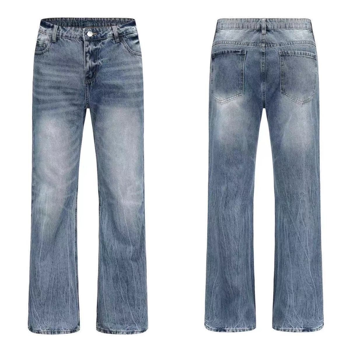 Men's Clothing Men's Ice Blue Ripple Wash Jeans - Straight Leg Retro Denim Pants (Vintage Inspired Style)_mkmklike.com