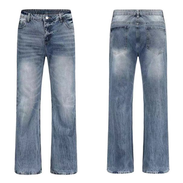 Men's Clothing Men's Ice Blue Ripple Wash Jeans - Straight Leg Retro Denim Pants (Vintage Inspired Style)_mkmklike.com
