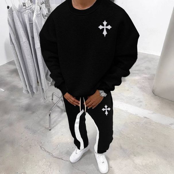 Men's Clothing Fashionable Cross Embroidery Crewneck Sweatshirt And Pants Two-Piece Set Casual Outfit_mkmklike.com