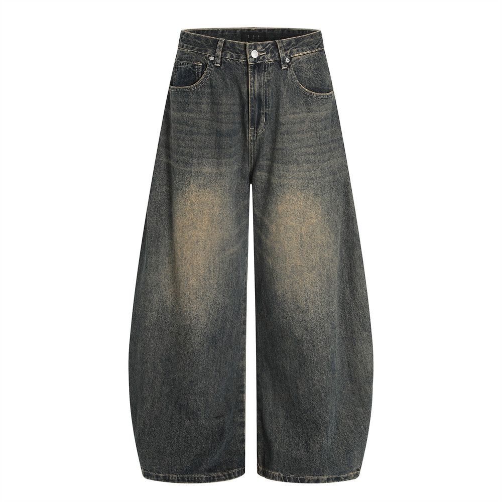 Punk Vintage Washed Denim Scimitar Men's Long Street Style Mud-Dyed Ripped Loose Wide-Leg Sickle Pants_mkmklike.com